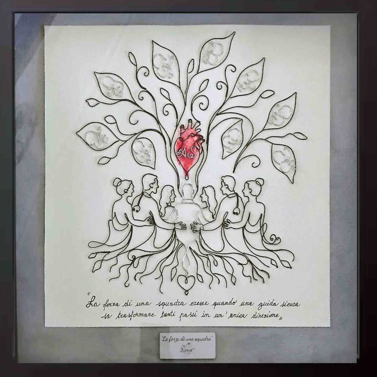 La forza di una squadra — quadro personalizzato in filo di alluminio dedicato al Dott. Alfredo Santantonio, Primario Terapia Intensiva Neonatale Ospedale Monaldi - Karart